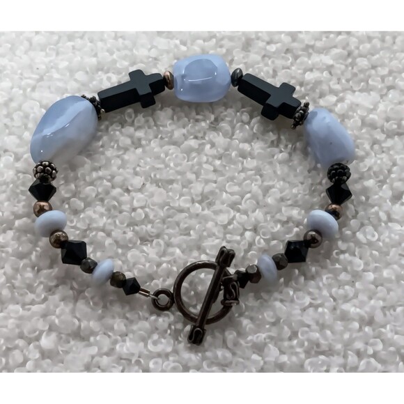 Artisan Sterling Silver Blue Lace Agate & Black Onyx Cross Bracelet 7.5 in - Picture 3 of 11